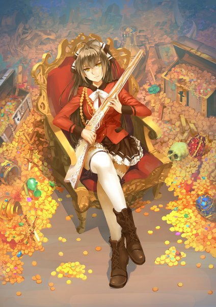Anime picture 750x1061 with amagi brilliant park kyoto animation sento isuzu madcocoon single long hair tall image looking at viewer fringe breasts smile brown hair ahoge ponytail pleated skirt from above zettai ryouiki crossed legs lacing girl