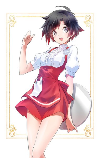 Anime picture 1214x1952 with rwby rooster teeth anna miller ruby rose iesupa single tall image looking at viewer short hair breasts open mouth black hair smile holding ahoge red hair :d multicolored hair two-tone hair short sleeves