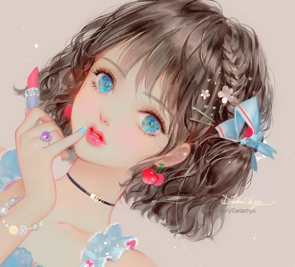 Anime picture 1200x1087 with original dadachyo single looking at viewer blush fringe short hair blue eyes simple background brown hair bare shoulders holding signed payot upper body braid (braids) nail polish arm up hair flower fingernails