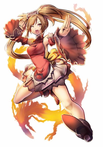 Anime picture 700x1000 with guilty gear kuradoberi jam suou sakura single long hair tall image open mouth brown hair white background brown eyes looking away one eye closed wink fighting stance girl dress detached sleeves dragon