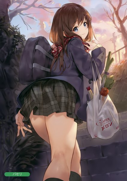 Anime picture 2474x3500 with melonbooks paseri single long hair tall image looking at viewer highres blue eyes light erotic brown hair outdoors scan from below plaid skirt arched back girl skirt uniform plant (plants) school uniform