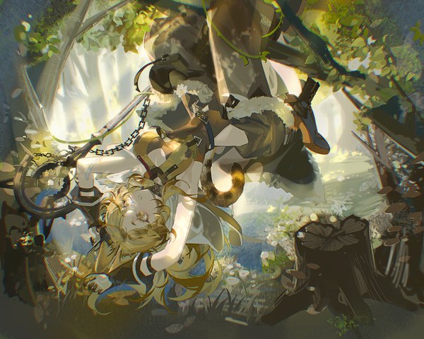Anime picture 1500x1200 with arknights quercus (arknights) samo (shichun samo) single long hair blonde hair animal ears yellow eyes looking away outdoors tail animal tail armpit (armpits) sleeveless upside down girl plant (plants) tree (trees) staff forest