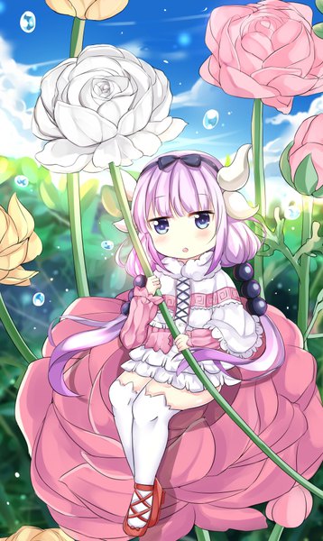 Anime picture 565x946 with kobayashi-san chi no maidragon kyoto animation kanna kamui eiba single long hair tall image looking at viewer fringe open mouth blue eyes sitting twintails holding payot sky purple hair cloud (clouds) full body bent knee (knees)