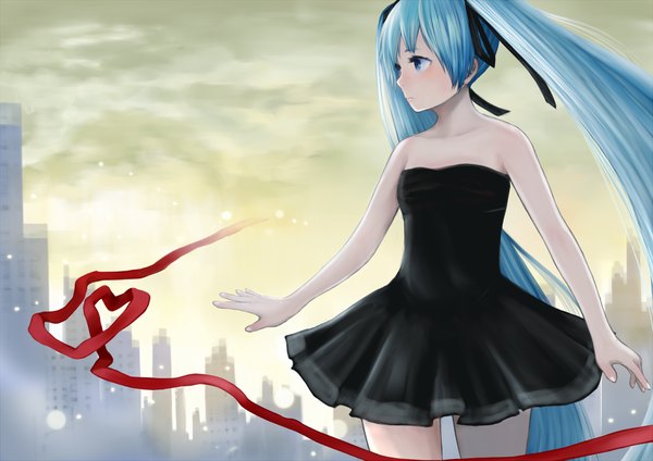 Anime picture 1402x991 with vocaloid hatsune miku very long hair girl dress ribbon (ribbons)
