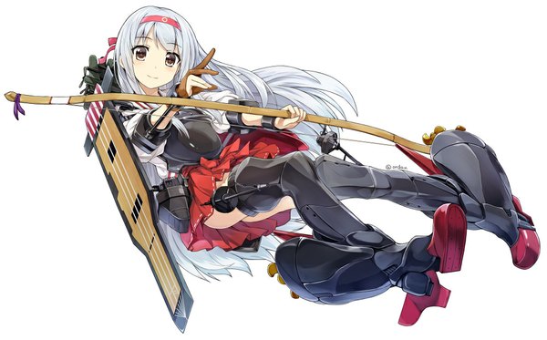 Anime picture 1000x623 with kantai collection shoukaku aircraft carrier orda single long hair looking at viewer simple background wide image white background brown eyes signed silver hair light smile weightlessness girl skirt weapon miniskirt boots armor