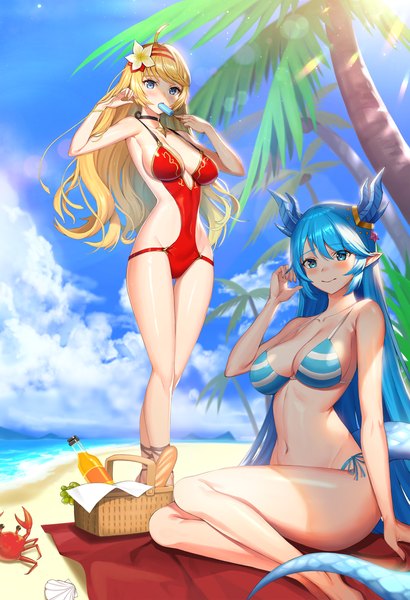 Anime picture 1709x2500 with king's raid artemia (king's raid) laias (king's raid) jeongjae (jj) long hair tall image looking at viewer blush fringe highres breasts blue eyes light erotic blonde hair smile hair between eyes large breasts standing sitting bare shoulders