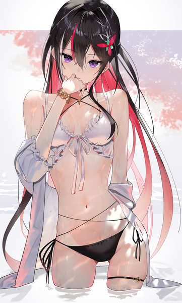 Anime picture 1506x2500 with virtual youtuber hololive azki (hololive) scottie (phantom2) single long hair tall image looking at viewer fringe breasts light erotic black hair hair between eyes standing purple eyes red hair multicolored hair arm up off shoulder two-tone hair
