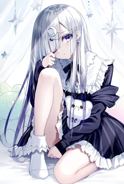 Anime picture 1000x1477 with original kazunehaka single long hair tall image looking at viewer blush fringe open mouth sitting purple eyes payot silver hair full body bent knee (knees) blunt bangs nail polish head tilt one eye closed off shoulder