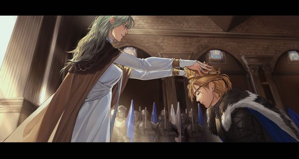 Anime picture 1242x663 with fire emblem fire emblem: three houses nintendo byleth (fire emblem) dimitri alexandre blaiddyd byleth (female) (fire emblem) owl taro long hair fringe short hair blonde hair hair between eyes wide image standing holding green eyes looking away indoors eyes closed long sleeves
