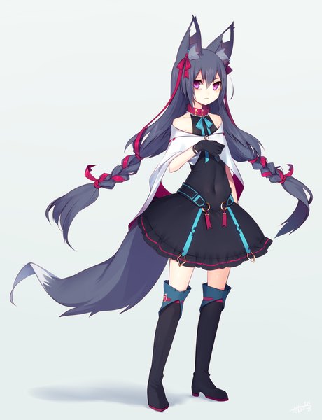 Anime picture 920x1200 with original muryotaro single long hair tall image looking at viewer blush fringe simple background standing bare shoulders animal ears purple hair tail braid (braids) animal tail pink eyes shadow high heels fox ears