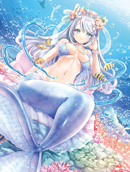 Anime picture 1516x2000 with original kamiya zuzu single long hair tall image looking at viewer blush fringe breasts blue eyes light erotic smile hair between eyes large breasts sitting bare shoulders payot cleavage silver hair full body