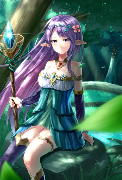 Anime picture 1022x1500 with original alexmaster single long hair tall image blush breasts large breasts sitting purple eyes bare shoulders purple hair pointy ears legs girl hair ornament detached sleeves tree (trees) choker staff