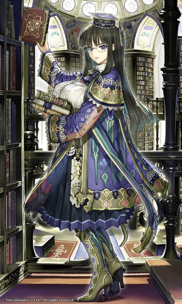 Anime picture 840x1400 with nakabayashi reimei single long hair tall image looking at viewer blue eyes black hair holding girl dress hat glasses boots book (books) shelf bookshelf