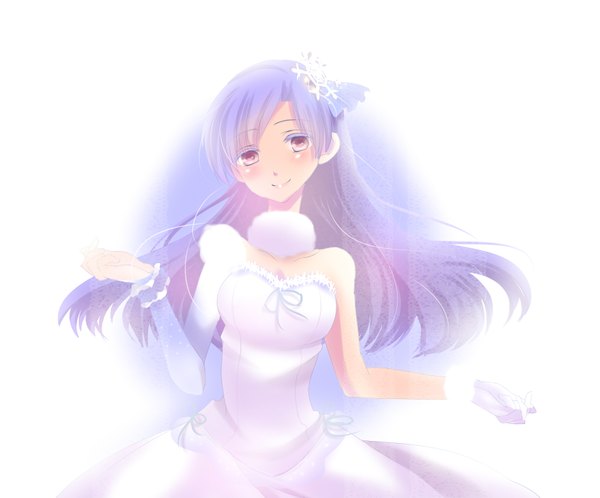 Anime picture 1766x1467 with idolmaster kisaragi chihaya yurine (artist) single long hair looking at viewer blush highres red eyes purple hair snowflake liliput girl dress hair ornament snowflake hair ornament