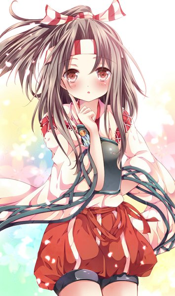 Anime picture 600x1013 with kantai collection zuihou light aircraft carrier nogi takayoshi single long hair tall image looking at viewer blush red eyes brown hair traditional clothes girl petals hairband