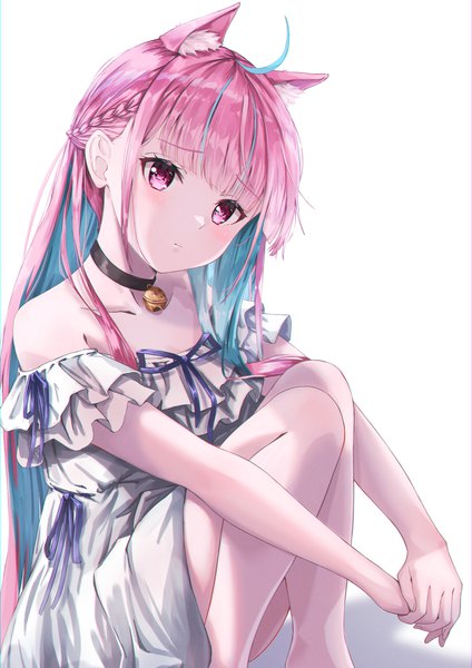 Anime picture 2894x4093 with virtual youtuber hololive minato aqua daidai (daidai826) single long hair tall image highres simple background white background sitting purple eyes animal ears payot looking away pink hair ahoge multicolored hair cat ears streaked hair