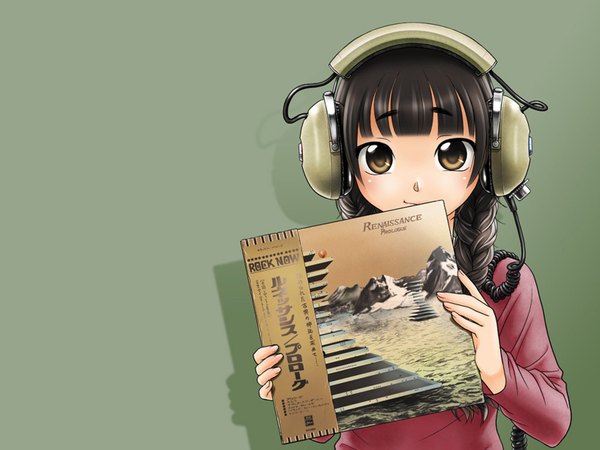 Anime picture 1600x1200 with original headphone + musume ootsuka mahiro smile brown hair brown eyes braid (braids) wallpaper twin braids headphones record