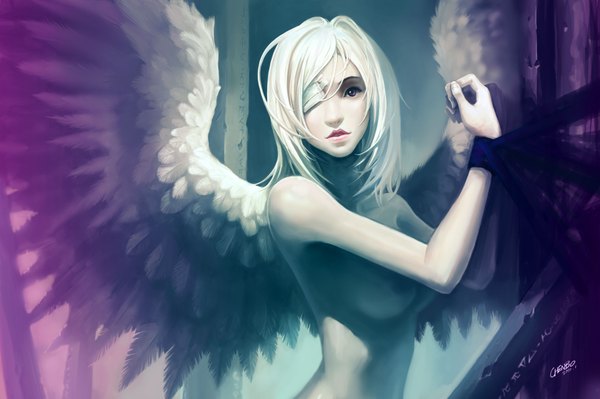 Anime picture 3880x2585 with chenbo single highres short hair breasts light erotic purple eyes absurdres white hair realistic angel wings bondage angel bandage over one eye girl wings bandage (bandages) eyepatch