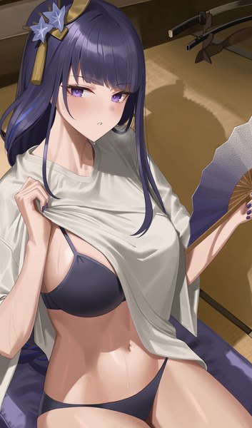 Anime picture 3000x5098 with genshin impact raiden shogun re-leaf single long hair tall image looking at viewer blush fringe highres breasts light erotic large breasts sitting purple eyes holding purple hair indoors blunt bangs nail polish