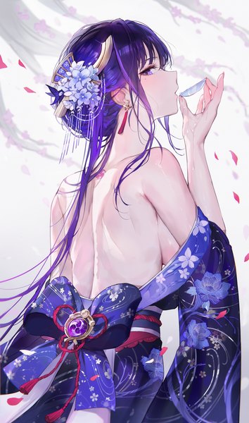 Anime picture 2360x4000 with genshin impact raiden shogun qiandaiyiyu single long hair tall image fringe highres breasts light erotic large breasts standing purple eyes holding purple hair traditional clothes japanese clothes profile looking back arm up