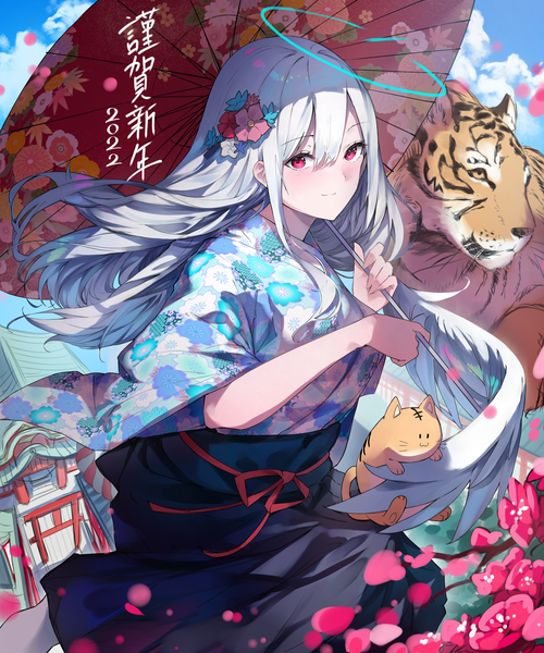 Anime picture 2500x3000 with original w (w64851564) single long hair tall image looking at viewer blush fringe highres hair between eyes sky cloud (clouds) outdoors white hair traditional clothes japanese clothes pink eyes hair flower inscription wide sleeves