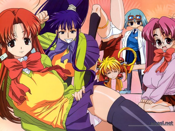 Anime picture 1280x960 with eiken shinonome chiharu misono kirika grace lin harumachi komoe morooka kyouko tagme (artist) long hair looking at viewer short hair breasts light erotic blonde hair smile red eyes multiple girls payot blue hair pink hair purple hair