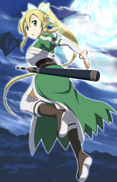 Anime picture 1320x2052 with sword art online a-1 pictures leafa nori tamago single long hair tall image blonde hair green eyes ponytail pointy ears night elf girl thighhighs weapon white thighhighs sword wings boots