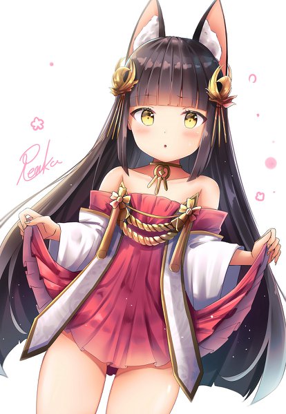 Anime-Bild 828x1200 mit azur lane nagato (azur lane) renka (cloudsaikou) single long hair tall image looking at viewer blush fringe open mouth light erotic black hair simple background standing white background bare shoulders holding signed animal ears yellow eyes