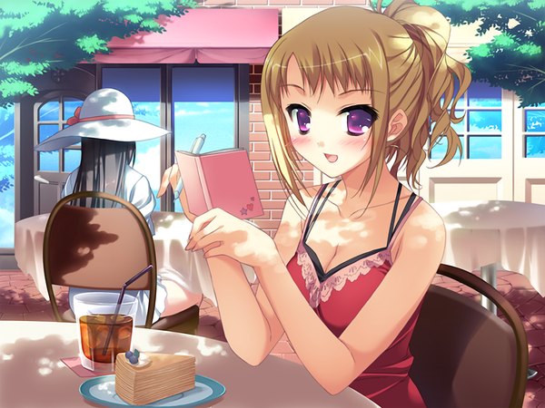 Anime picture 1024x768 with miinasan, kakkee desu! blush short hair open mouth blonde hair game cg pink eyes girl