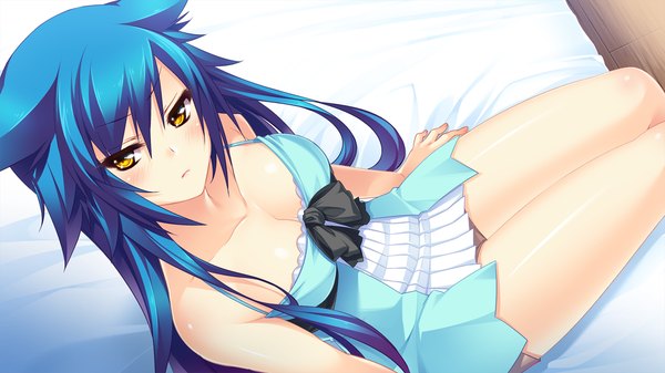 Anime picture 1280x720 with tsuyokiss next long hair looking at viewer blush breasts wide image sitting bare shoulders yellow eyes blue hair game cg girl dress