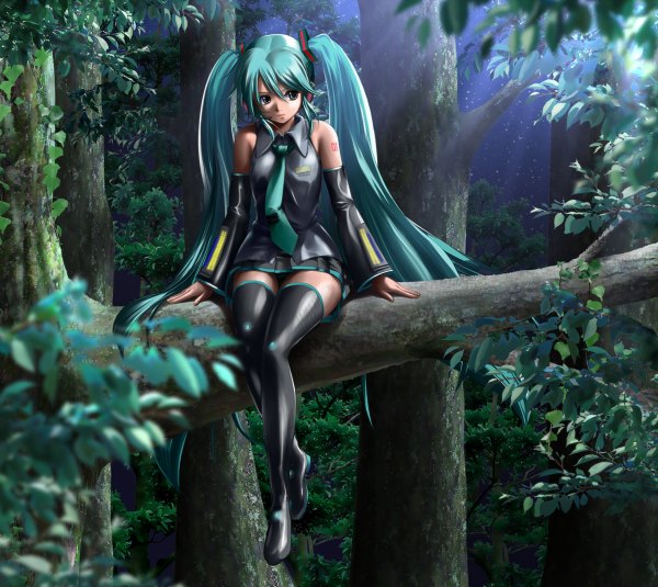 Anime picture 1200x1070 with vocaloid hatsune miku okaryuko (artist) single long hair sitting twintails bare shoulders green eyes green hair tattoo girl thighhighs skirt black thighhighs plant (plants) detached sleeves miniskirt tree (trees) necktie