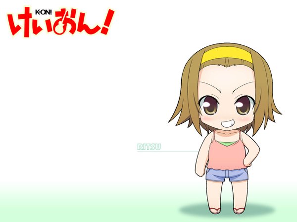 Anime picture 1600x1200 with k-on! kyoto animation tainaka ritsu kikujin single looking at viewer short hair simple background smile brown hair standing white background brown eyes full body copyright name sleeveless character names hand on hip grin chibi