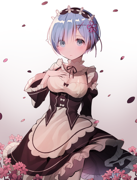 Anime picture 2283x3008 with re:zero kara hajimeru isekai seikatsu white fox rem (re:zero) azit (down) single tall image looking at viewer blush fringe highres short hair breasts blue eyes blue hair cleavage hair over one eye maid gradient background hand on chest girl