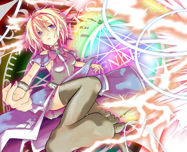 Anime picture 1280x1044 with touhou alice margatroid mito (calcomer) single fringe short hair breasts blonde hair hair between eyes purple eyes nail polish no shoes sideboob spread arms girl thighhighs black thighhighs hairband