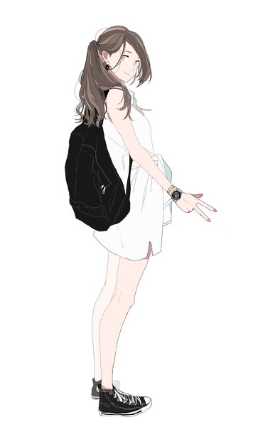 Anime picture 2000x3300 with original converse kko (um7mr) single long hair tall image looking at viewer highres simple background smile brown hair standing white background brown eyes full body ponytail nail polish victory pink nail polish girl