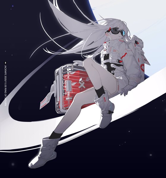 Anime picture 1910x2048 with original nike jacknife single long hair tall image fringe highres hair between eyes sitting holding signed full body bent knee (knees) white hair long sleeves night floating hair dated brand name imitation