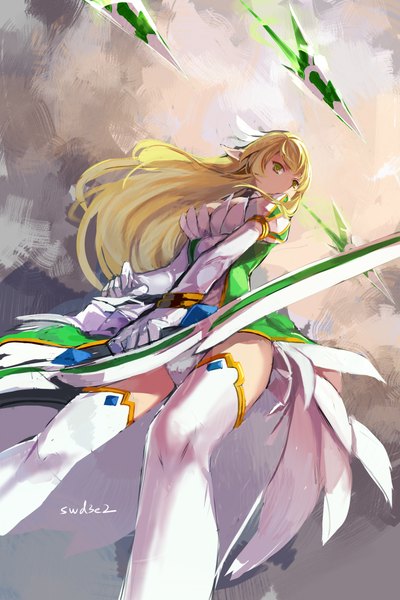 Anime picture 1417x2125 with elsword rena erindel swd3e2 single long hair tall image light erotic blonde hair yellow eyes pointy ears pantyshot girl thighhighs dress gloves underwear panties weapon white thighhighs sword