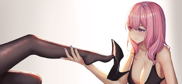 Anime picture 1500x693 with bang dream! maruyama aya shirasagi chisato yurichtofen long hair blush fringe breasts light erotic simple background hair between eyes wide image large breasts multiple girls looking away pink hair cleavage upper body nail polish pink eyes