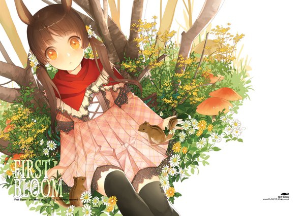 Anime picture 1747x1243 with original salt (salty) single long hair looking at viewer blush highres brown hair sitting twintails animal ears hair flower inscription orange eyes girl thighhighs dress hair ornament flower (flowers) black thighhighs
