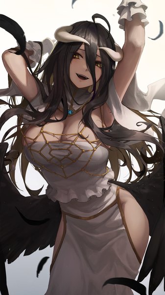 Anime-Bild 810x1440 mit overlord (maruyama) madhouse albedo (overlord) ola (bunnyfly) single long hair tall image looking at viewer blush fringe breasts open mouth light erotic black hair simple background hair between eyes large breasts standing holding yellow eyes