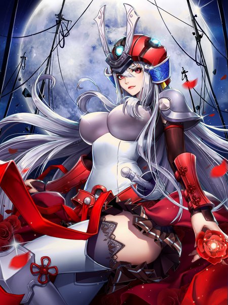 Anime picture 900x1200 with original qi kou single tall image looking at viewer blush fringe breasts light erotic hair between eyes red eyes holding silver hair bent knee (knees) very long hair pleated skirt wind night sparkle night sky