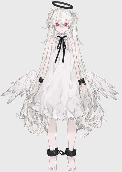 Anime picture 2508x3541 with original rairyuu single long hair tall image looking at viewer fringe highres simple background hair between eyes red eyes twintails white hair very long hair barefoot grey background sleeveless angel wings expressionless angel