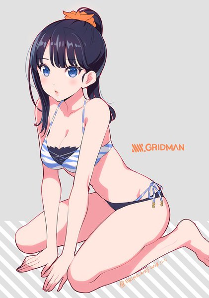 Anime picture 621x885 with gridman universe ssss.gridman studio trigger takarada rikka nishimura eri single long hair tall image looking at viewer blush fringe breasts blue eyes light erotic black hair simple background large breasts signed ponytail grey background