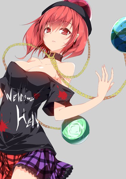 Anime picture 595x842 with touhou hecatia lapislazuli sakurame single tall image looking at viewer fringe short hair breasts light erotic simple background hair between eyes red eyes bare shoulders cleavage red hair grey background girl skirt miniskirt