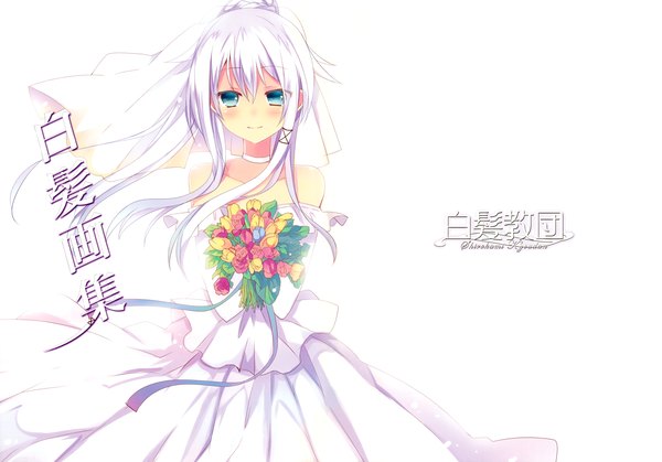 Anime picture 5005x3500 with original anceril sacred mishima kurone single long hair blush highres blue eyes simple background white background absurdres white hair girl dress gloves flower (flowers) elbow gloves bouquet wedding dress