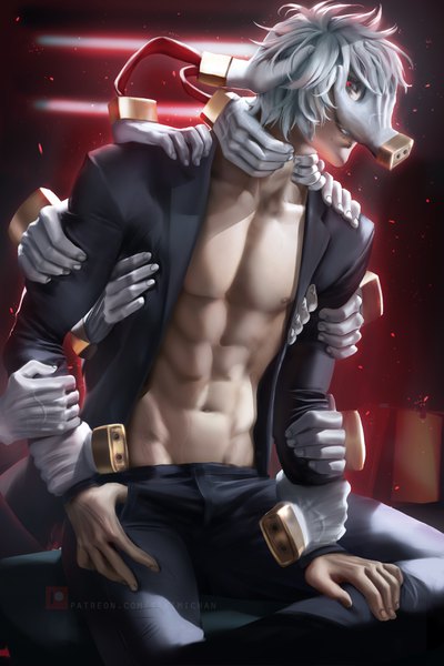 Anime picture 2333x3500 with boku no hero academia studio bones shigaraki tomura sakimichan single tall image looking at viewer fringe highres short hair light erotic smile red eyes sitting silver hair nipples long sleeves realistic arm support open jacket