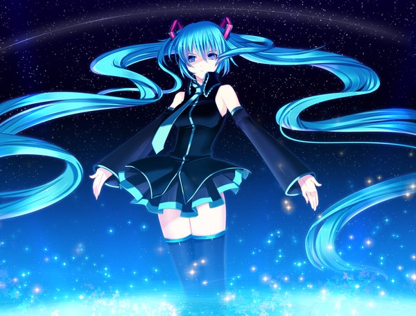 Anime picture 2000x1523 with vocaloid hatsune miku yuuki kira single long hair highres blue eyes twintails blue hair very long hair spread arms girl thighhighs detached sleeves necktie