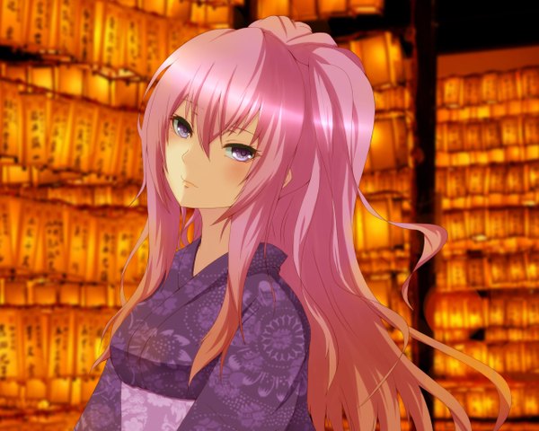 Anime picture 1280x1024 with vocaloid megurine luka my (artist) single long hair looking at viewer purple eyes pink hair traditional clothes japanese clothes alternate costume alternate hairstyle alternate color girl kimono