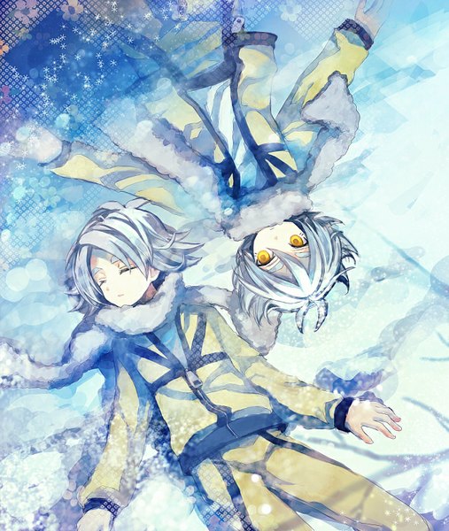 Anime picture 676x800 with inazuma eleven fubuki shirou fubuki atsuya aofujiake tall image short hair yellow eyes blue hair looking away lying eyes closed from above multiple boys on back spread arms snow eyebrows siblings twins brothers