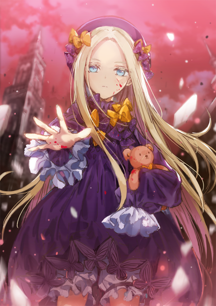 Anime picture 720x1018 with fate (series) fate/grand order abigail williams (fate) dangmill single long hair tall image looking at viewer blush fringe blue eyes blonde hair standing holding sky outdoors long sleeves blurry from below loli